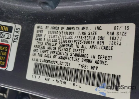 2015 Honda Cr-V Touring из США, поврежденный, VIN 5J6RM3H92FL021384